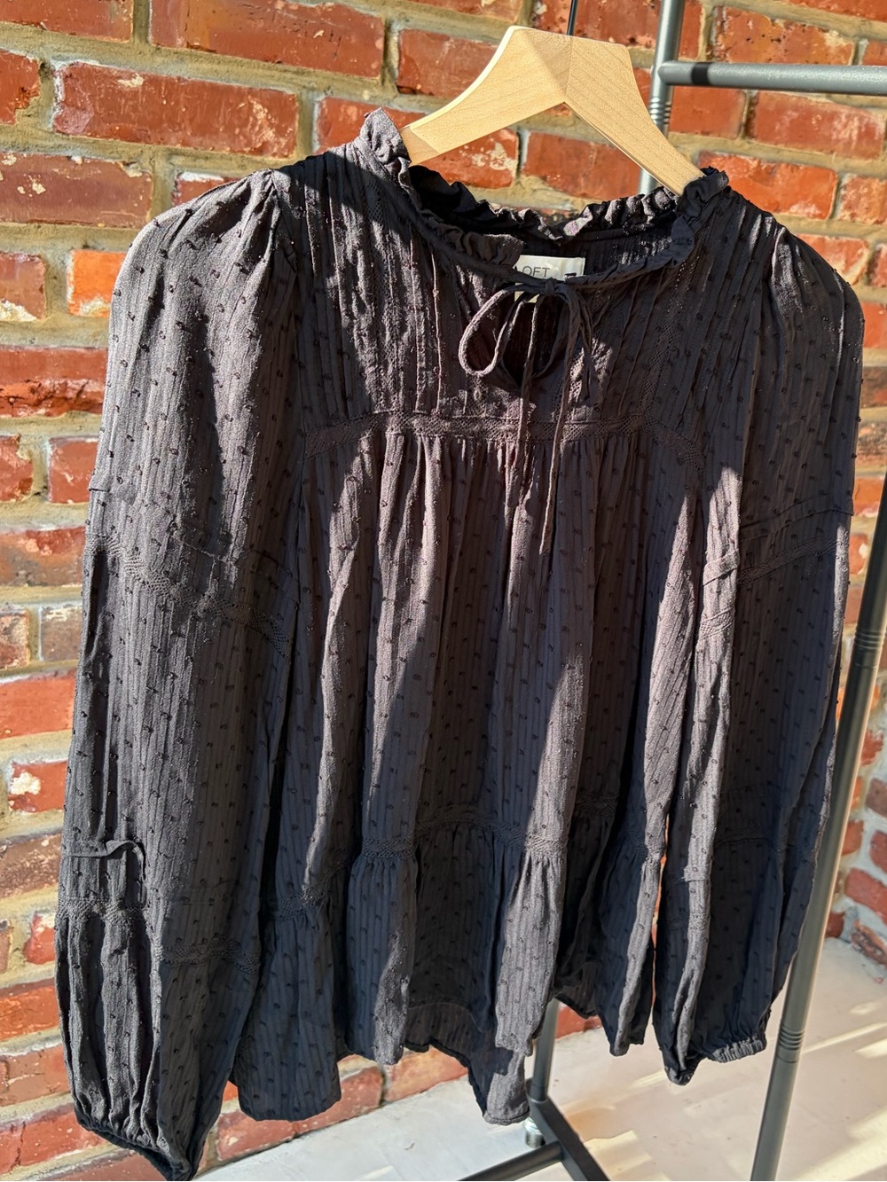 LOFT Black Dotted Swiss Ruffled Tie Neck Peasant Blouse Size Small